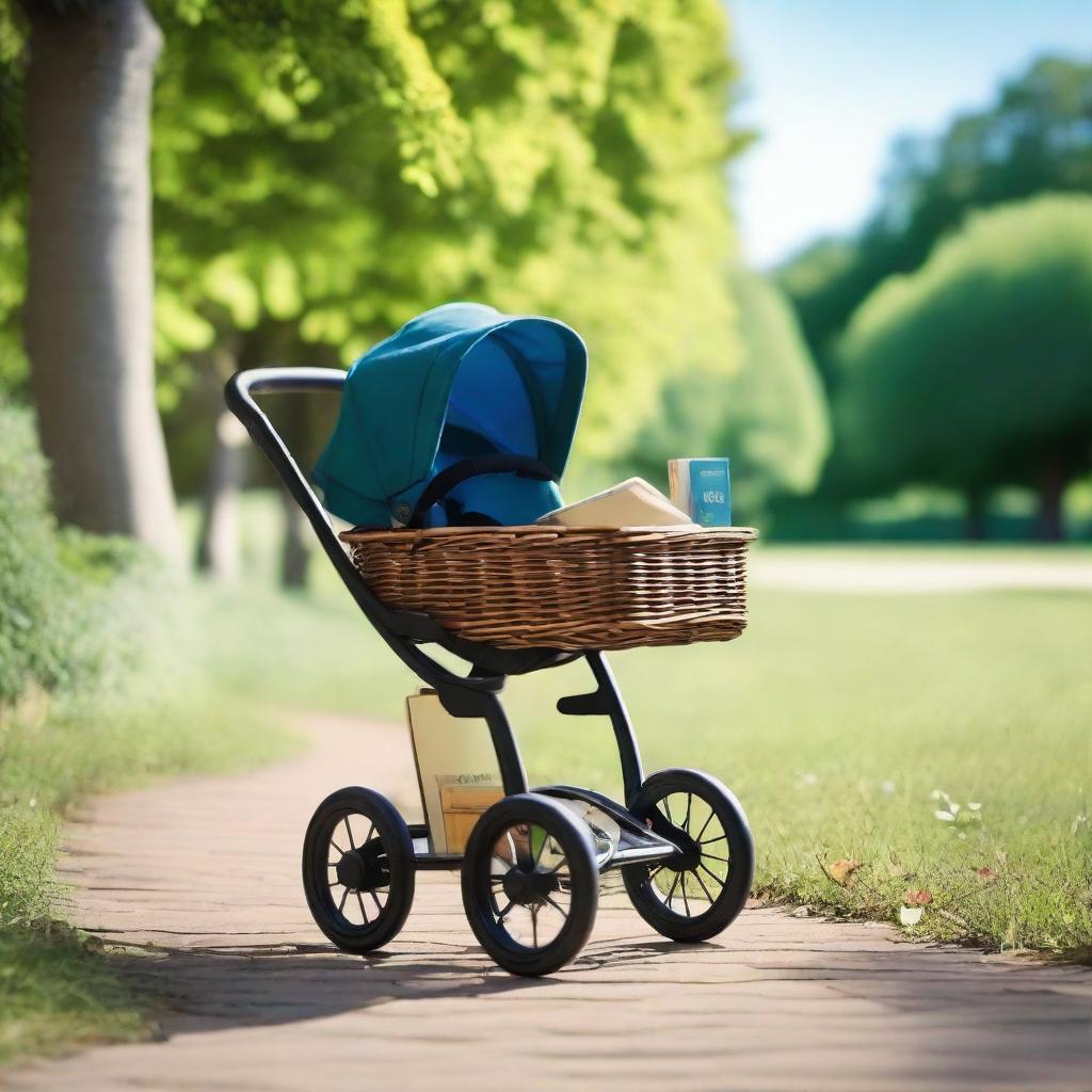 A baby stroller filled with a bottle of wine and several books