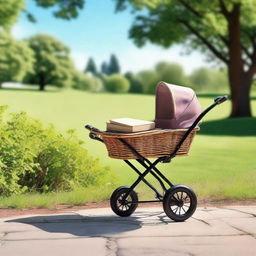 A baby stroller filled with a bottle of wine and several books