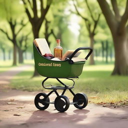 A baby stroller filled with wine bottles and books inside