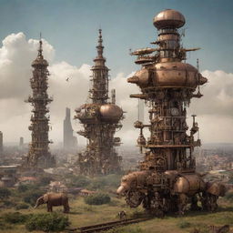 A reimagination of Kenya as a steampunk wonderland, featuring Nairobi's skyline adorned with cogwork towers, vast savannas dotted with steam-powered robots, and wild animals with mechanical enhancements.