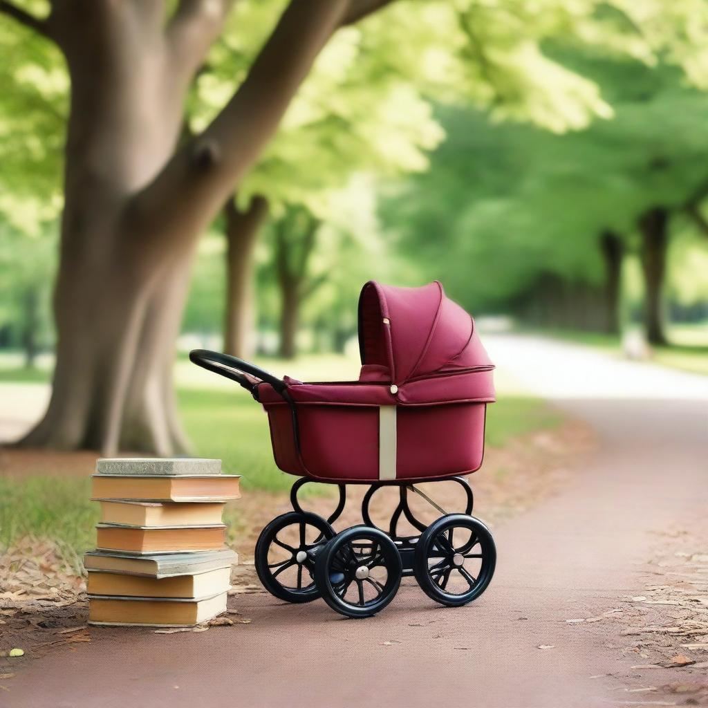 A baby stroller filled with wine bottles and books inside