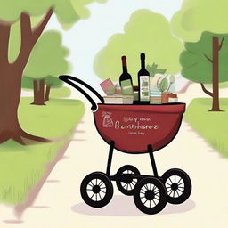 A baby stroller filled with wine bottles and books inside