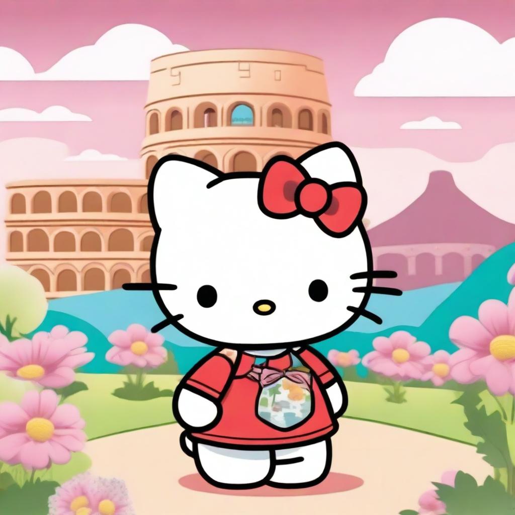 A cute and charming Hello Kitty character dressed in traditional Italian clothing, standing in front of a picturesque Italian landscape with iconic landmarks like the Colosseum and leaning tower of Pisa in the background