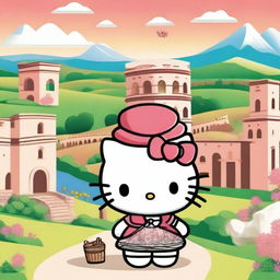 A cute and charming Hello Kitty character dressed in traditional Italian clothing, standing in front of a picturesque Italian landscape with iconic landmarks like the Colosseum and leaning tower of Pisa in the background