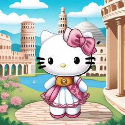 A cute and charming Hello Kitty character dressed in traditional Italian clothing, standing in front of a picturesque Italian landscape with iconic landmarks like the Colosseum and leaning tower of Pisa in the background