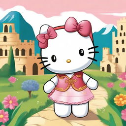 A cute and charming Hello Kitty character dressed in traditional Italian clothing, standing in front of a picturesque Italian landscape with iconic landmarks like the Colosseum and leaning tower of Pisa in the background