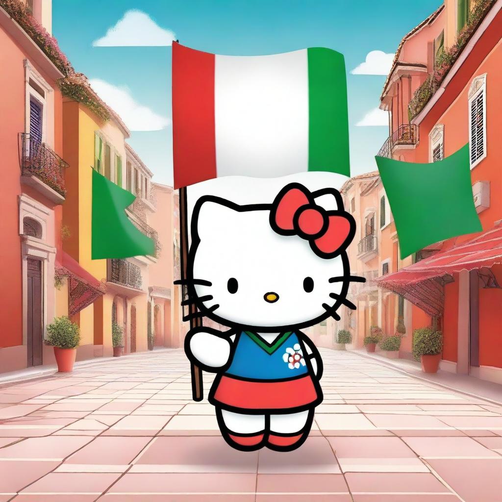 A delightful Hello Kitty character holding both the Italian and Turkish flags, standing in a cheerful and vibrant setting