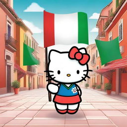 A delightful Hello Kitty character holding both the Italian and Turkish flags, standing in a cheerful and vibrant setting