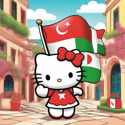 A delightful Hello Kitty character holding both the Italian and Turkish flags, standing in a cheerful and vibrant setting