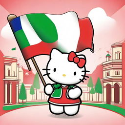 A delightful Hello Kitty character holding both the Italian and Turkish flags, standing in a cheerful and vibrant setting