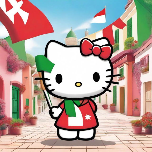 A delightful Hello Kitty character holding both the Italian and Turkish flags, standing in a cheerful and vibrant setting