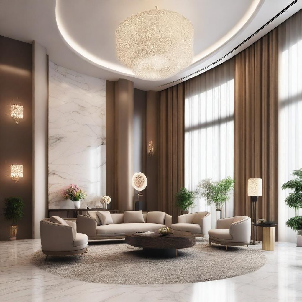 Create an interior scene of a lobby that is 4 meters high, designed in the style of modern classics