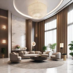 Create an interior scene of a lobby that is 4 meters high, designed in the style of modern classics