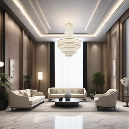 Create an interior scene of a lobby that is 4 meters high, designed in the style of modern classics