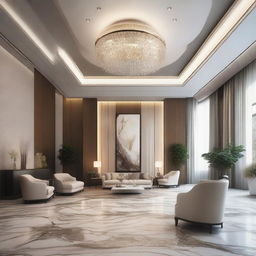 Create an interior scene of a lobby that is 4 meters high, designed in the style of modern classics