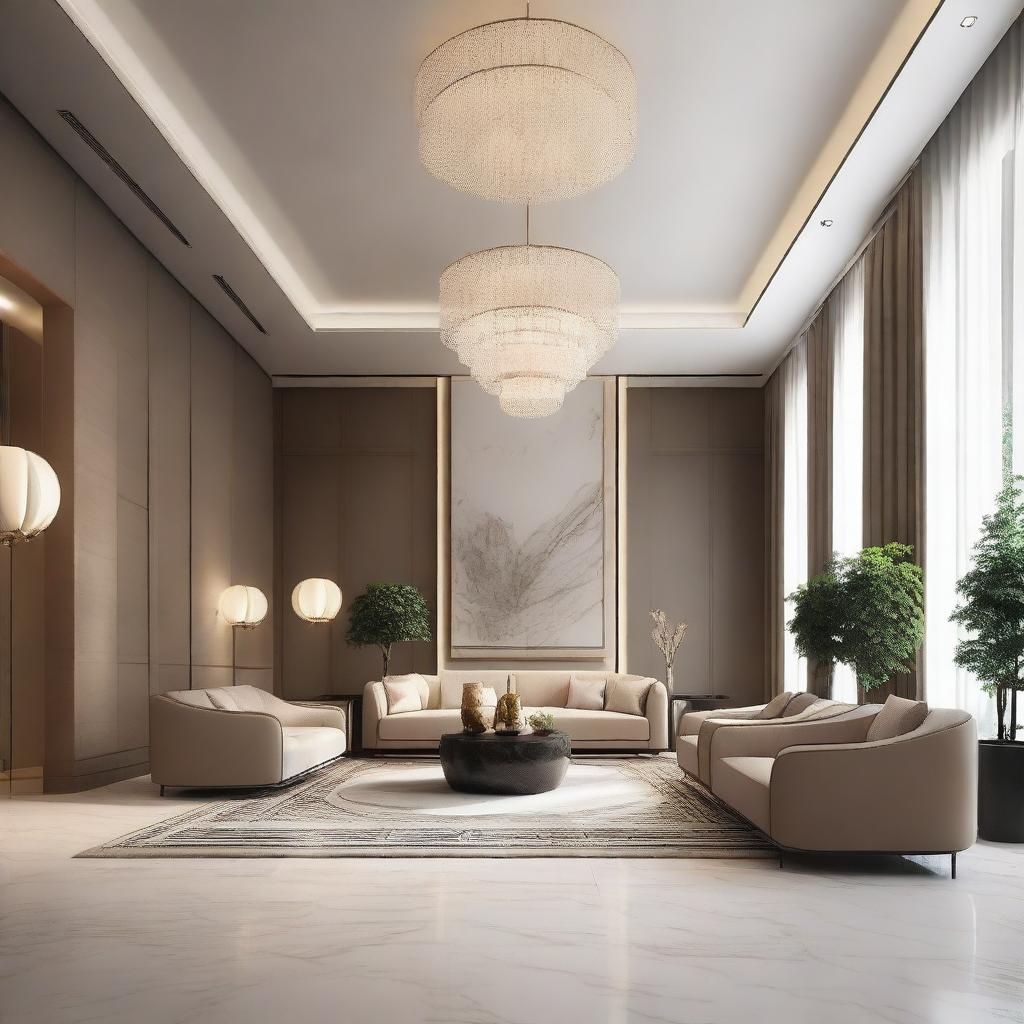 Create an interior scene of a lobby that is 4 meters high, designed in the style of modern classics