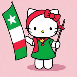 A charming Hello Kitty character holding two different flags in her hands, one being the flag of Italy and the other from Turkey