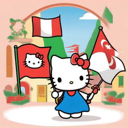 A charming Hello Kitty character holding two different flags in her hands, one being the flag of Italy and the other from Turkey