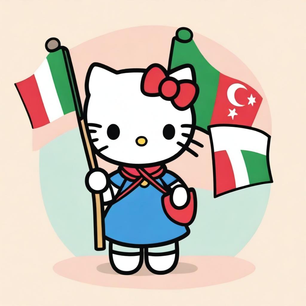 A charming Hello Kitty character holding two different flags in her hands, one being the flag of Italy and the other from Turkey