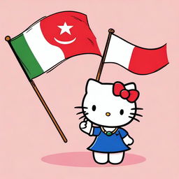 A charming Hello Kitty character holding two different flags in her hands, one being the flag of Italy and the other from Turkey