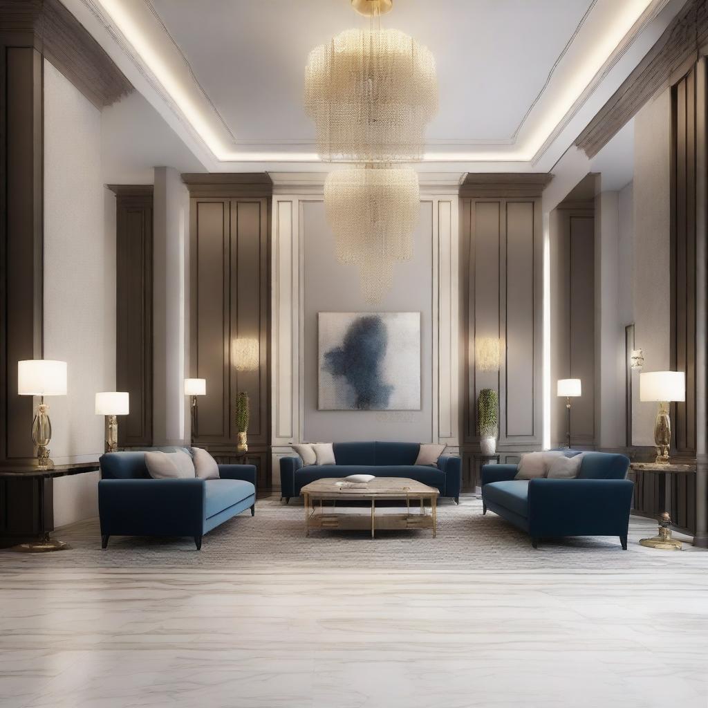 Create an interior scene of a lobby that is 4 meters high, designed in the style of modern classics