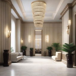 Create an interior scene of a lobby that is 4 meters high, designed in the style of modern classics