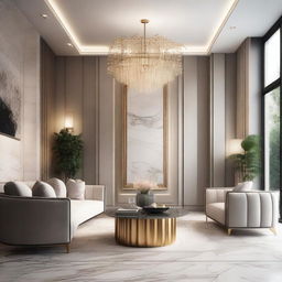 Create an interior scene of a lobby that is 4 meters high, designed in the style of modern classics