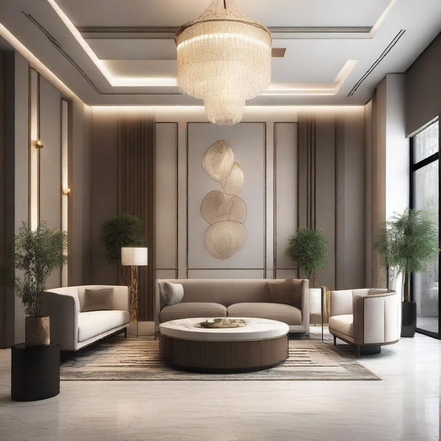 Create an interior scene of a lobby that is 4 meters high, designed in the style of modern classics