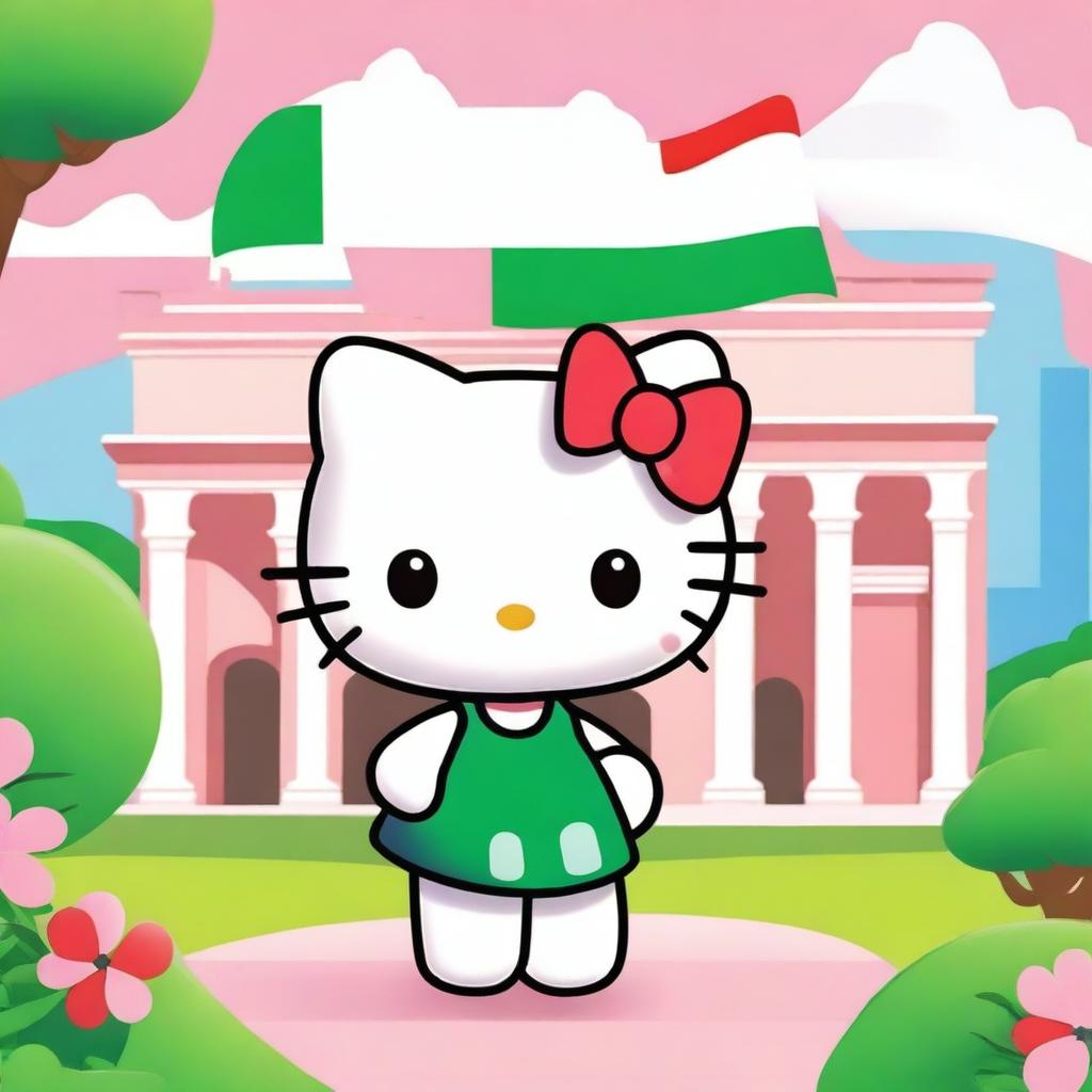 A cute Hello Kitty character proudly holding the Italian flag