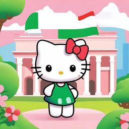 A cute Hello Kitty character proudly holding the Italian flag