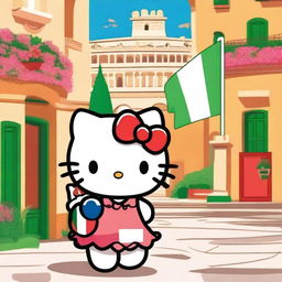 A cute Hello Kitty character proudly holding the Italian flag