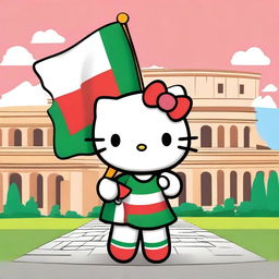 A cute Hello Kitty character proudly holding the Italian flag