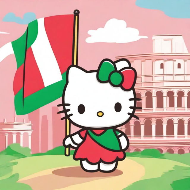 A cute Hello Kitty character proudly holding the Italian flag