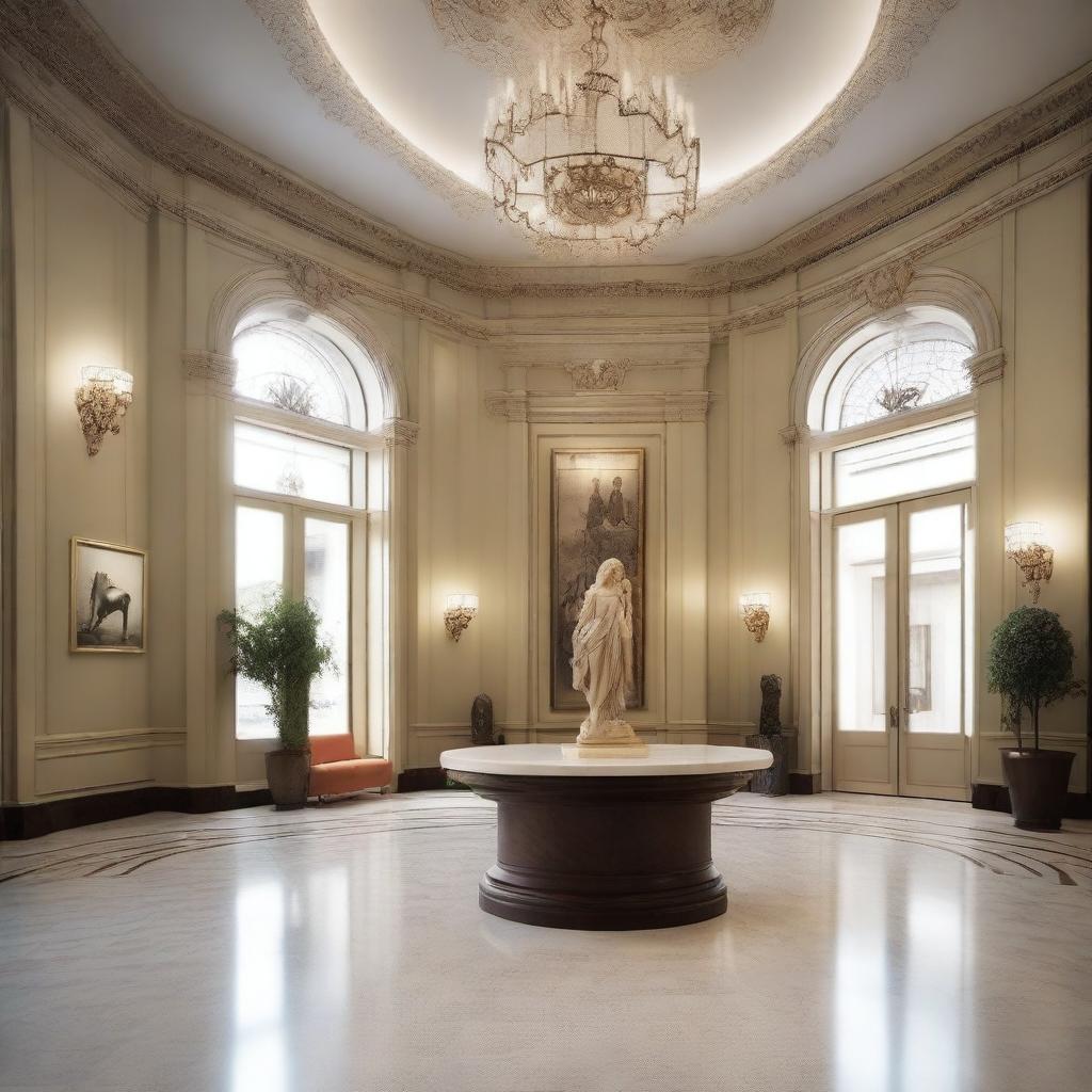 Create an interior scene of a museum lobby that is 4 meters high, designed in the style of modern classics