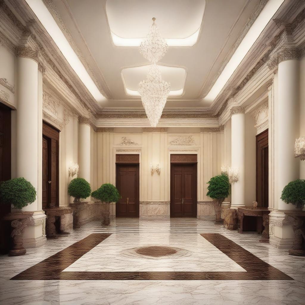 Create an interior scene of a museum lobby that is 4 meters high, designed in the style of modern classics