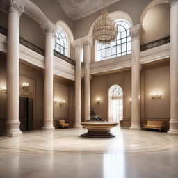 Create an interior scene of a museum lobby that is 4 meters high, designed in the style of modern classics