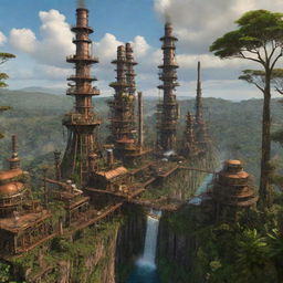 Visualize the unique ecosystem of Madagascar enhanced by steampunk elements, showcasing a fusion of dense rainforests, complex machinery, and smokestacks integrated with the rich biodiversity.