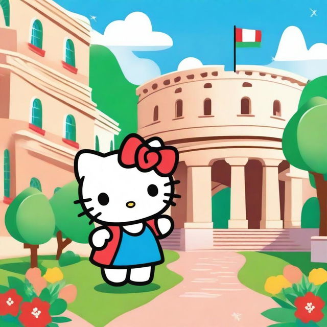 A cute Hello Kitty character proudly holding the Italian flag