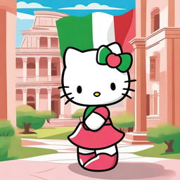 A cute Hello Kitty character proudly holding the Italian flag