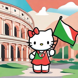 A cute Hello Kitty character proudly holding the Italian flag