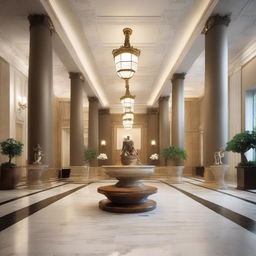 Create an interior scene of a museum lobby that is 3