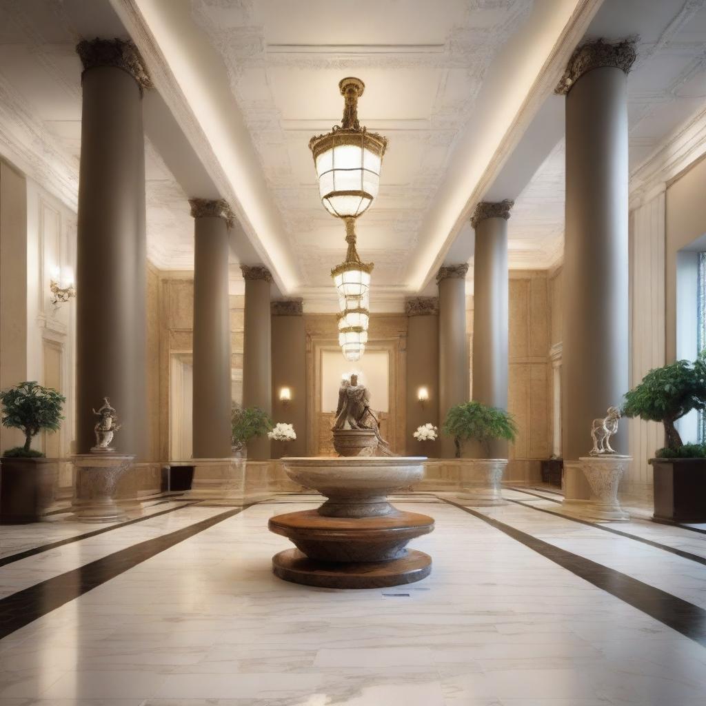 Create an interior scene of a museum lobby that is 3