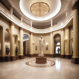 Create an interior scene of a museum lobby that is 3