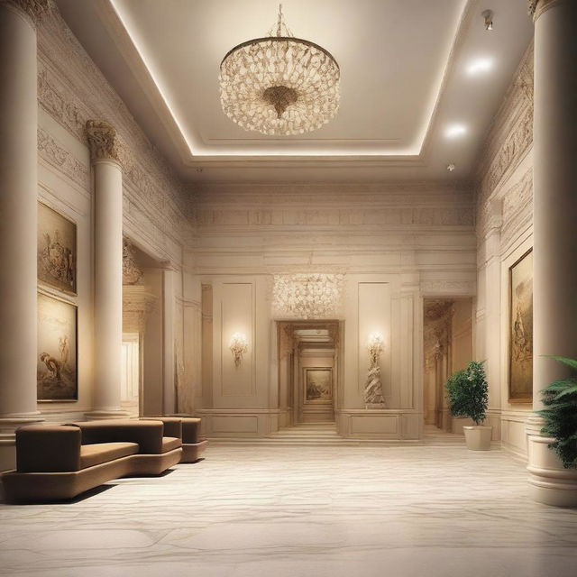 Create an interior scene of a museum lobby that is 3