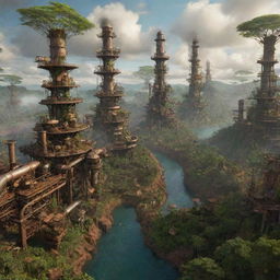 Visualize the unique ecosystem of Madagascar enhanced by steampunk elements, showcasing a fusion of dense rainforests, complex machinery, and smokestacks integrated with the rich biodiversity.