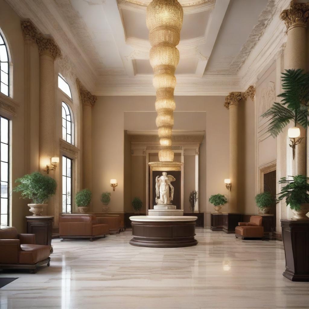 Create an interior scene of a museum lobby designed in the style of modern classics