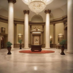 Create an interior scene of a museum lobby designed in the style of modern classics