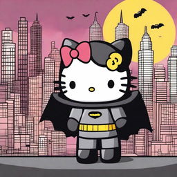 A whimsical scene featuring Hello Kitty standing side by side with Batman