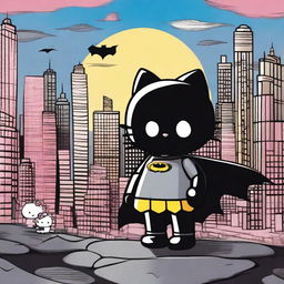 A whimsical scene featuring Hello Kitty standing side by side with Batman