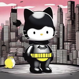 A whimsical scene featuring Hello Kitty standing side by side with Batman